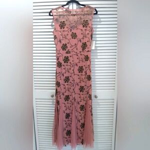 Women's S Candalite Long/Maxi Dress, Pink W Black Flowers, Metallic Threading